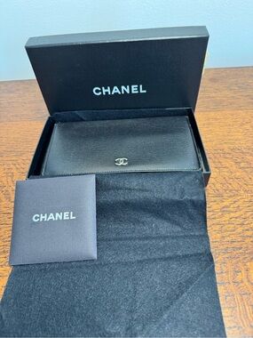 CHANEL Black Cavier Leather Bi-Fold Long Wallet w/Box & COA
